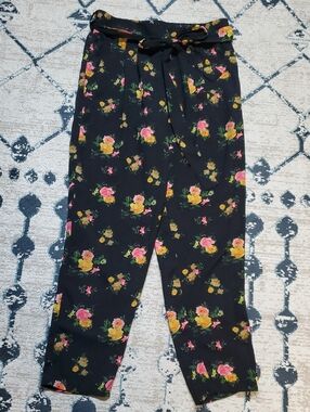 Forever 21 Black Floral Tie-Waist Paper Bag Style Pants
